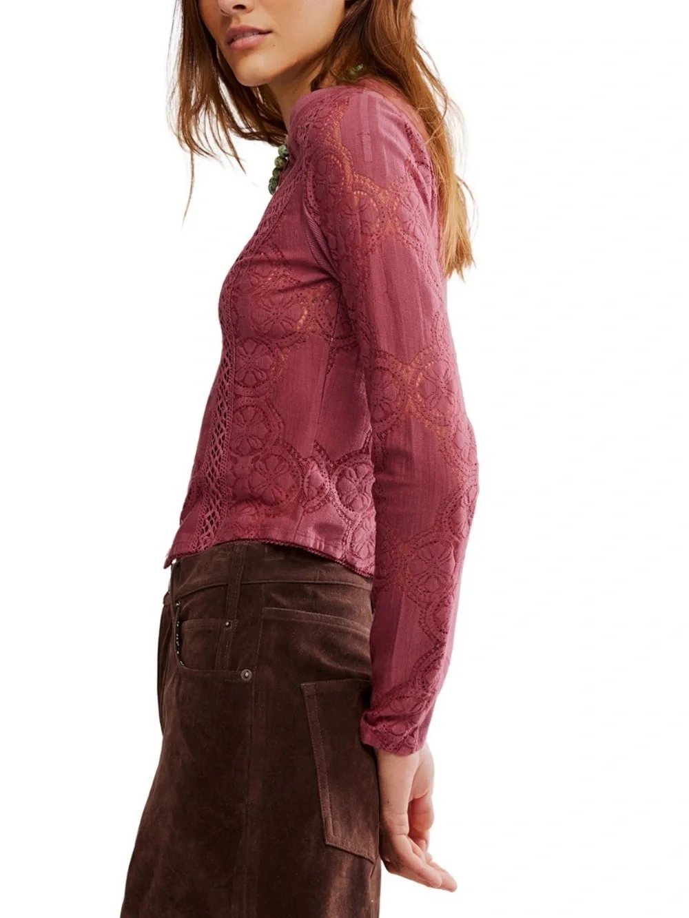 Free People Women's Button-Front Long-Sleeve Lace Top, Size SMALL